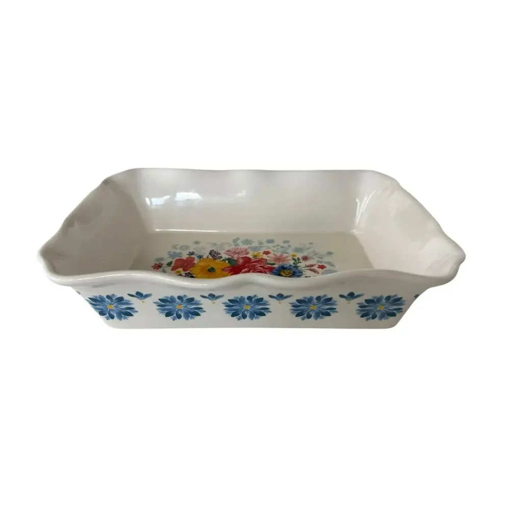 The Pioneer Woman Floral 9x13 Ceramic Rectangular Baking Dish White, DW/MC Safe